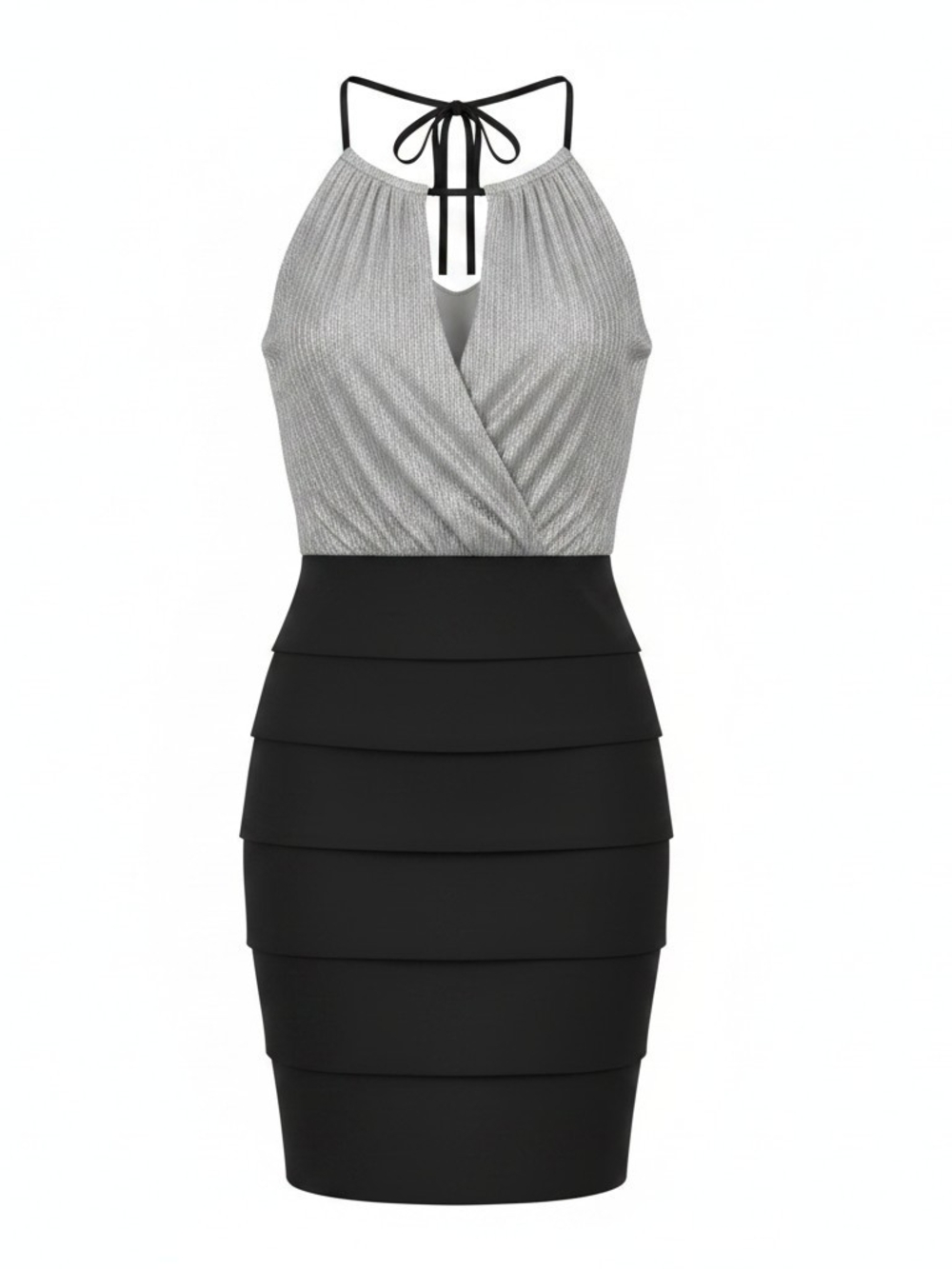 Enfocus Studio Silver and Black One-Shoulder Tiered Dress